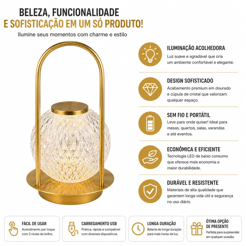 Luminária LED Decorativa Recarregável: Iluminação Sofisticada e Portátil