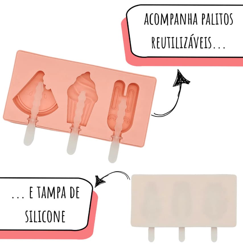 FORMA DE SILICONE PICOLÉ C/ TAMPA E PALITO FORMATO DE DESENHOS
