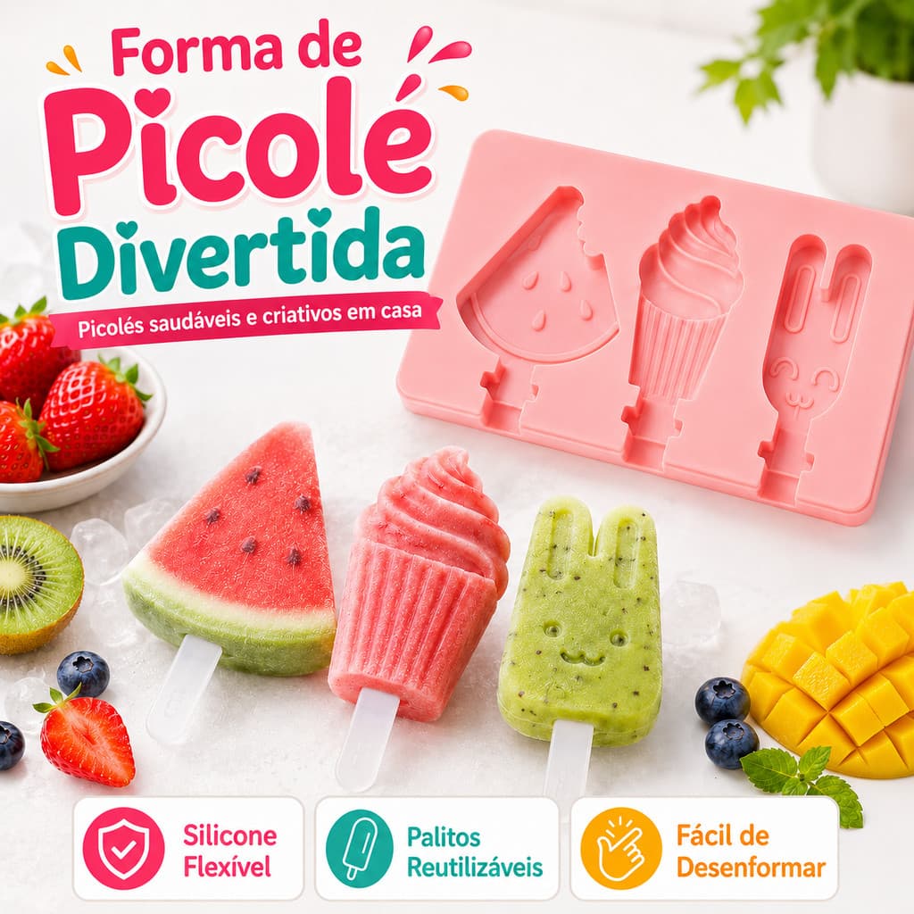Molde Forma De Picolé Silicone Infantil Sorvete Divertida Com Palito Reutilizável Freezer Melancia