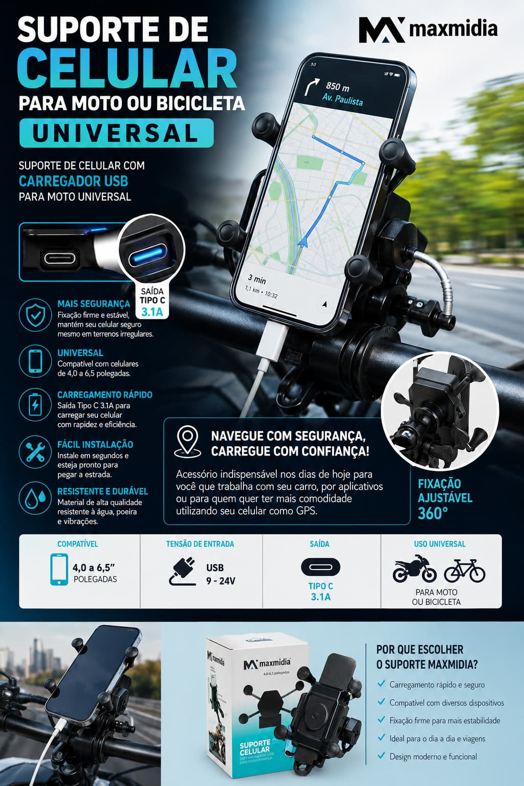 Suporte de Celular com carregador Usb