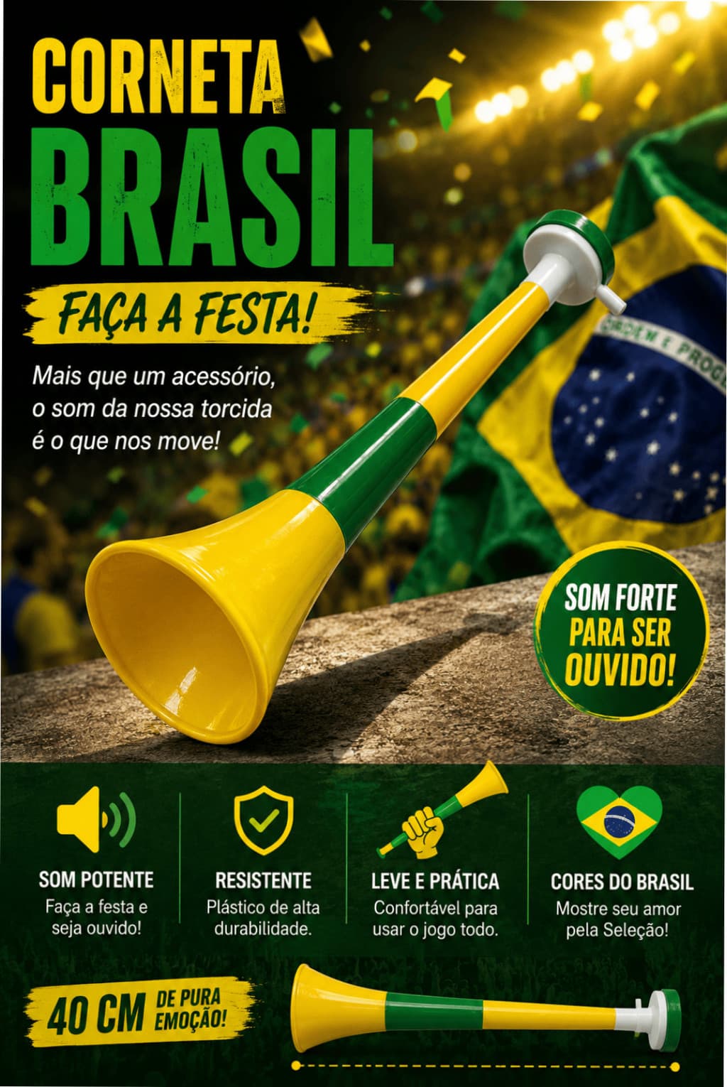 MODELO 2 - Corneta Brasil Fácil de Montar Verde e Amarela 40 cm