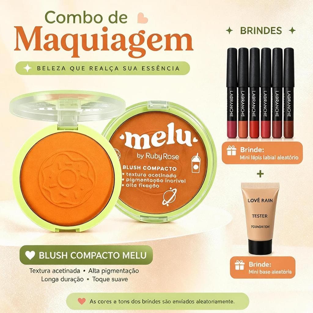 Blush Compacto Melu + Mini Lápis Labial + Mini Base – Maquiagem Feminina com Acabamento Natural