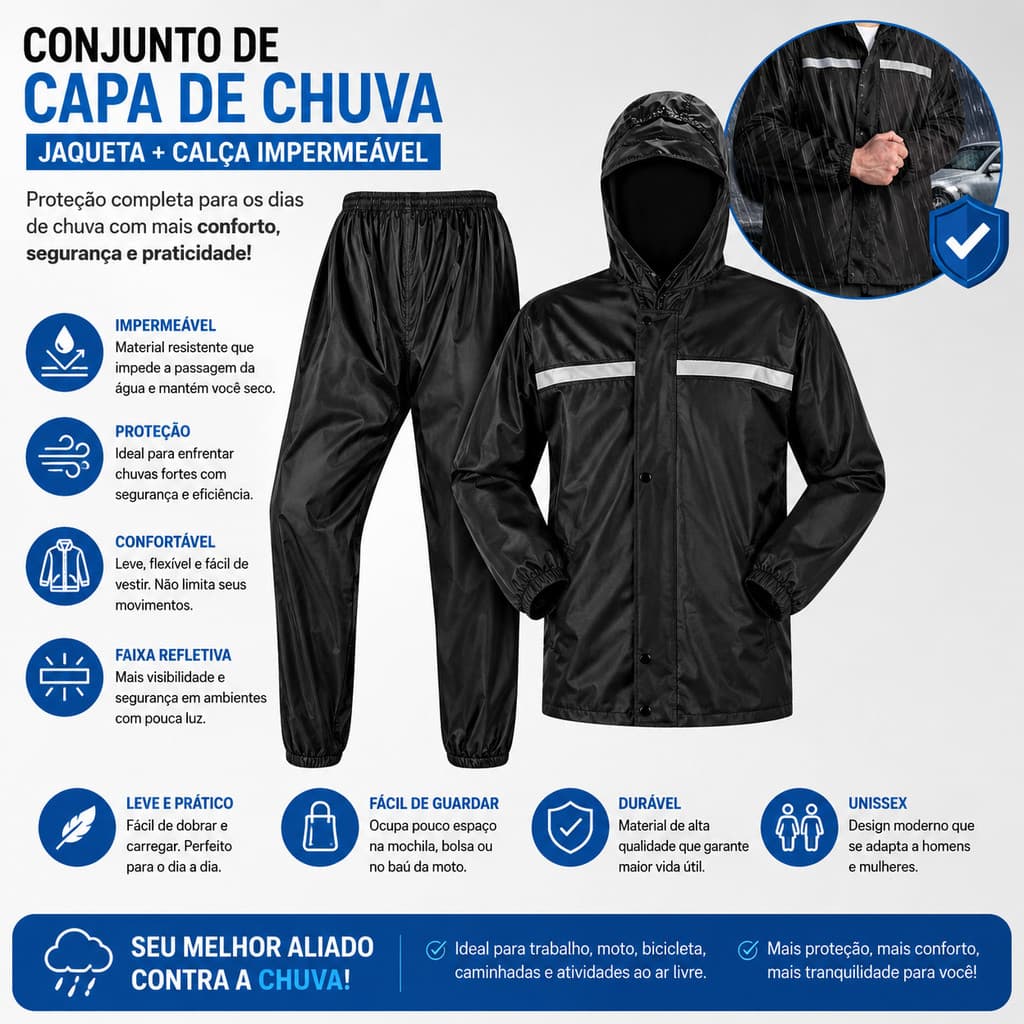 Capa de Chuva Impermeável Motoqueiro Com Touca E Viseira