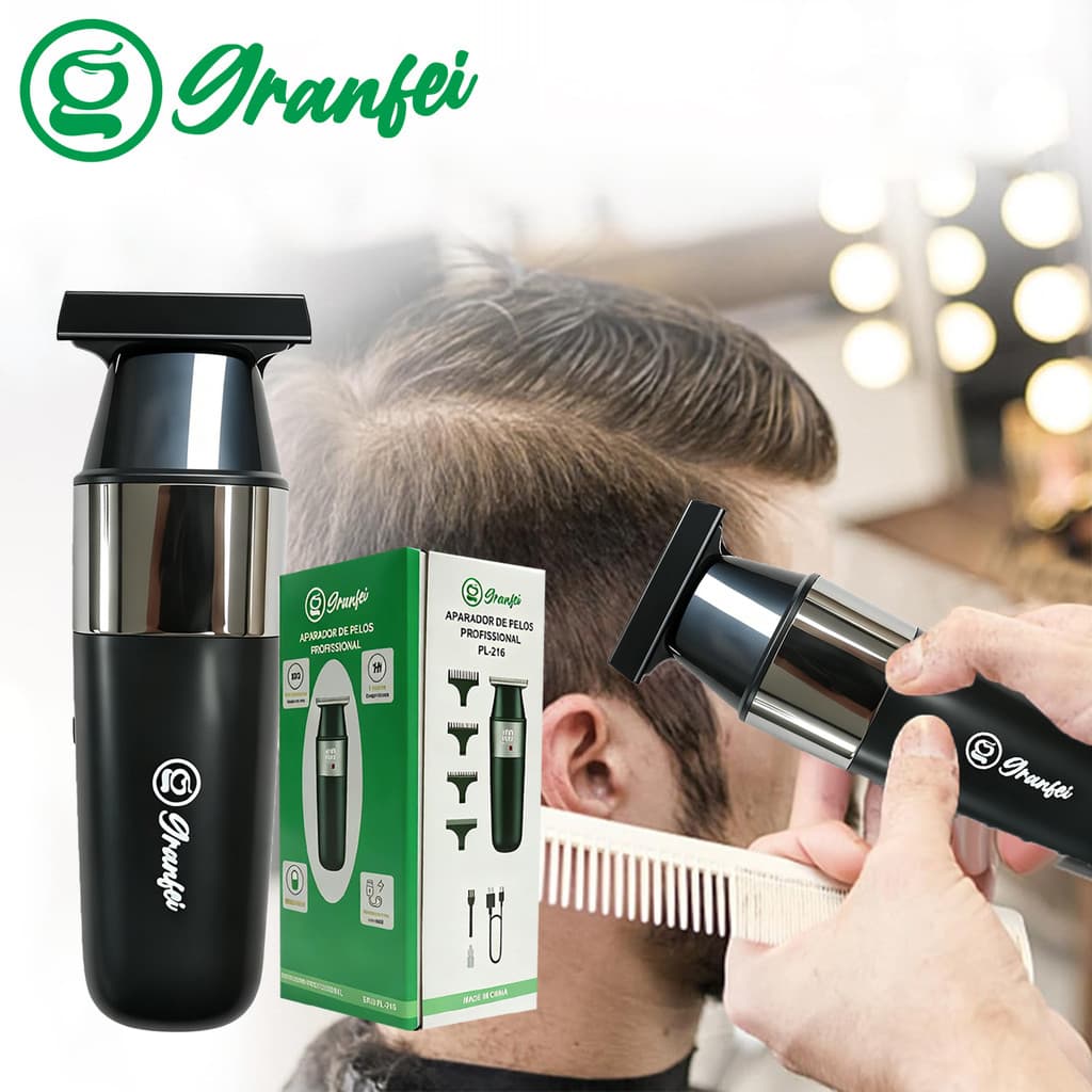 Granfei Aparador de Cabelo T para Barba e Bigode com 4 Pentes Guia Preto e Prata