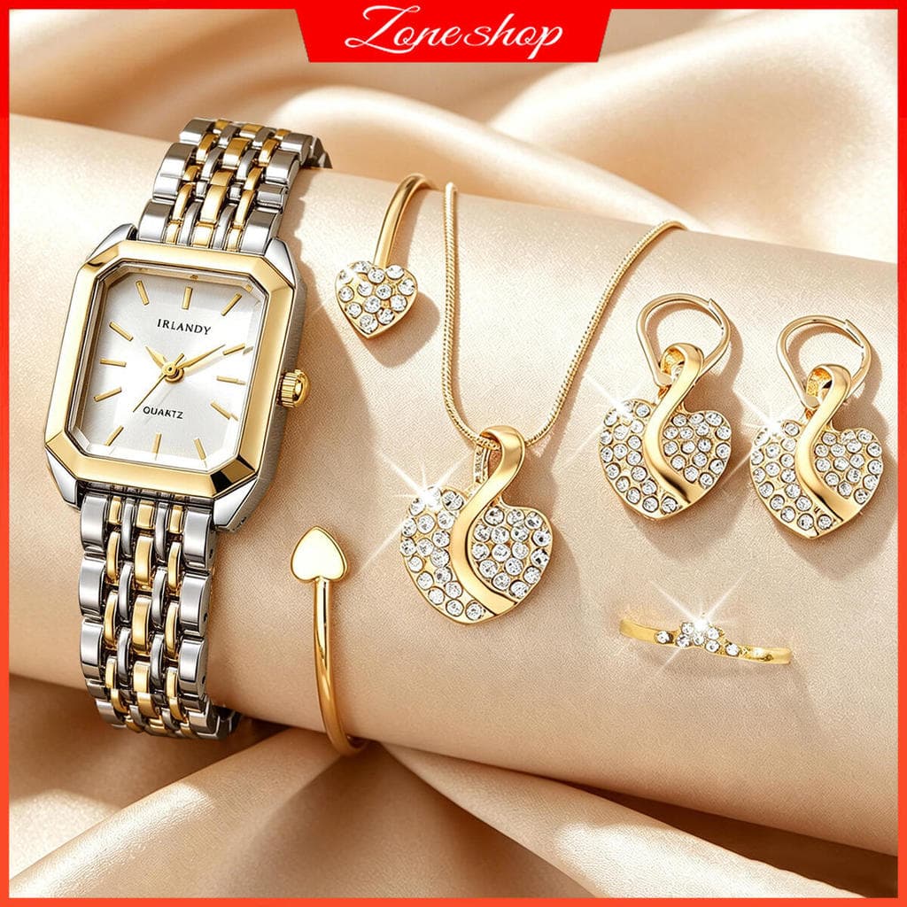 6 Pçs Elegante Strass Quadrado Relógio De Quartzo Para Senhoras Clássico Liga Cinta Moda Jóias Conjunto (Sem Caixa)