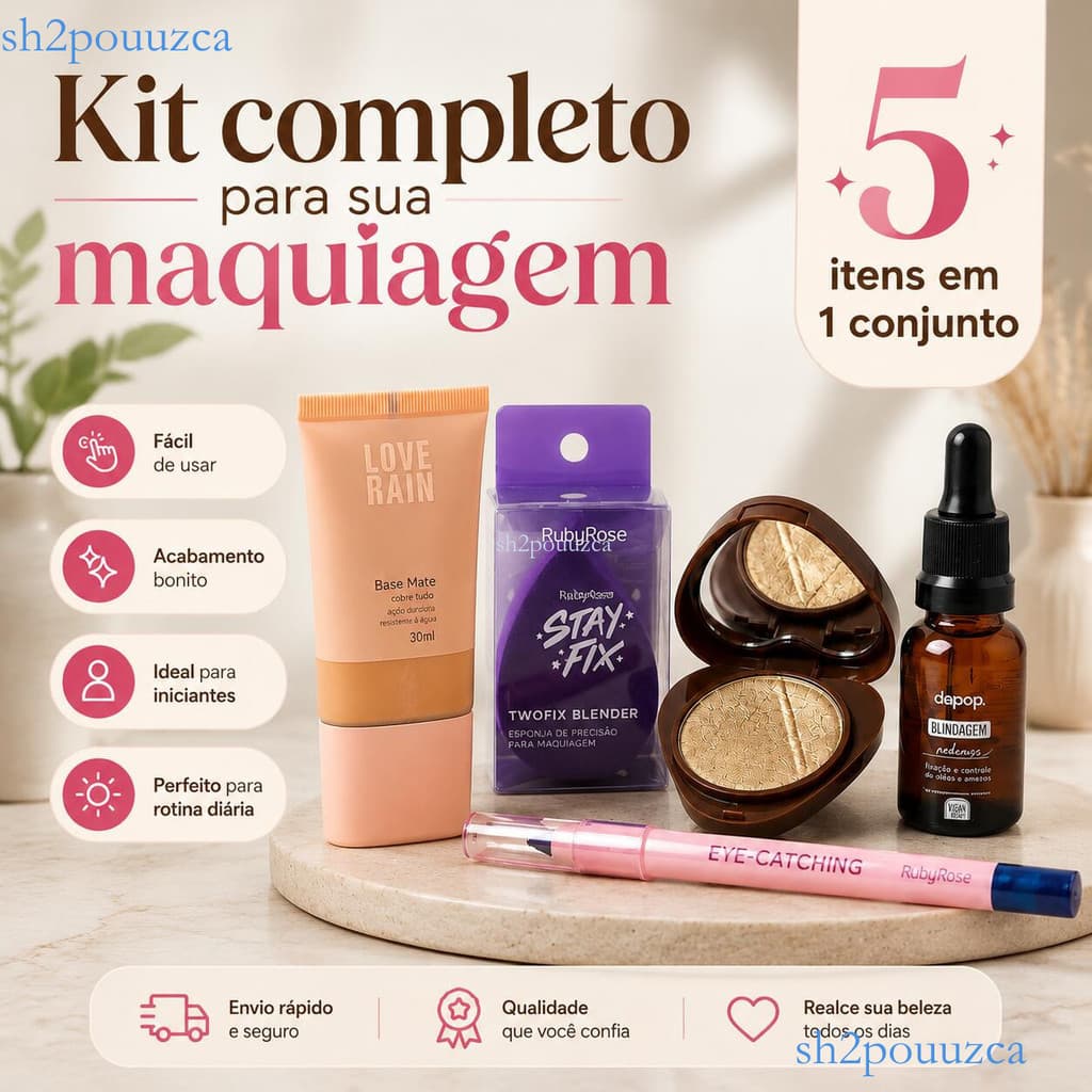 Kit de Maquiagem Completo 5 Itens Base Esponja Iluminador Lápis Olhos Sérum Fixador Presente Feminino ✨sh2pouuzca