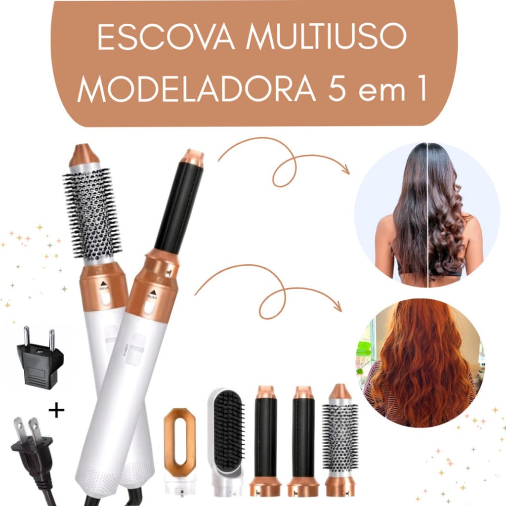 PREMIUM Branca c/ Dourada - Escova 5 em 1 Multiuso 110V - Seca, Modela, Alisa e Penteia