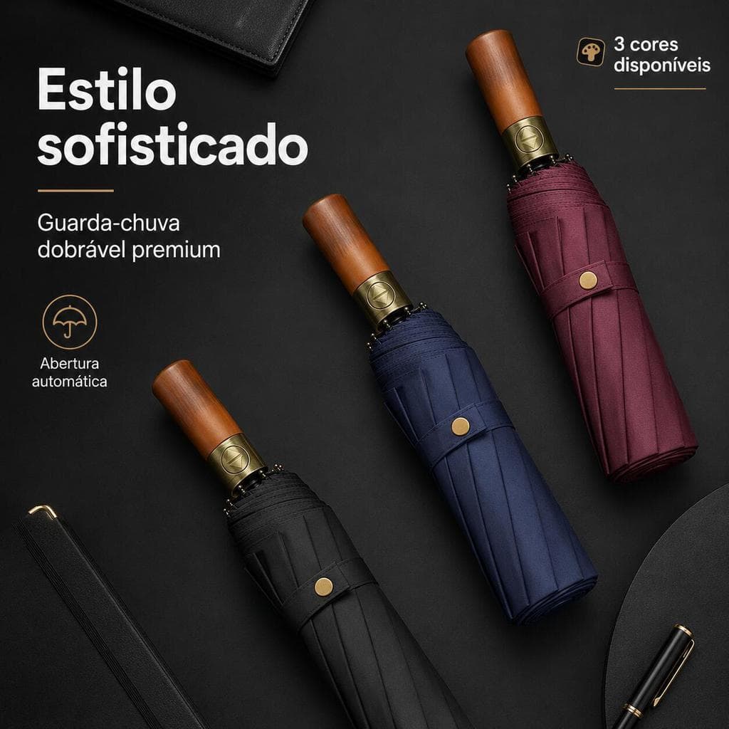 Guarda-Chuva Dobrável Automático 10 Varetas Cabo de Madeira Premium Reforçado Preto Azul Vinho