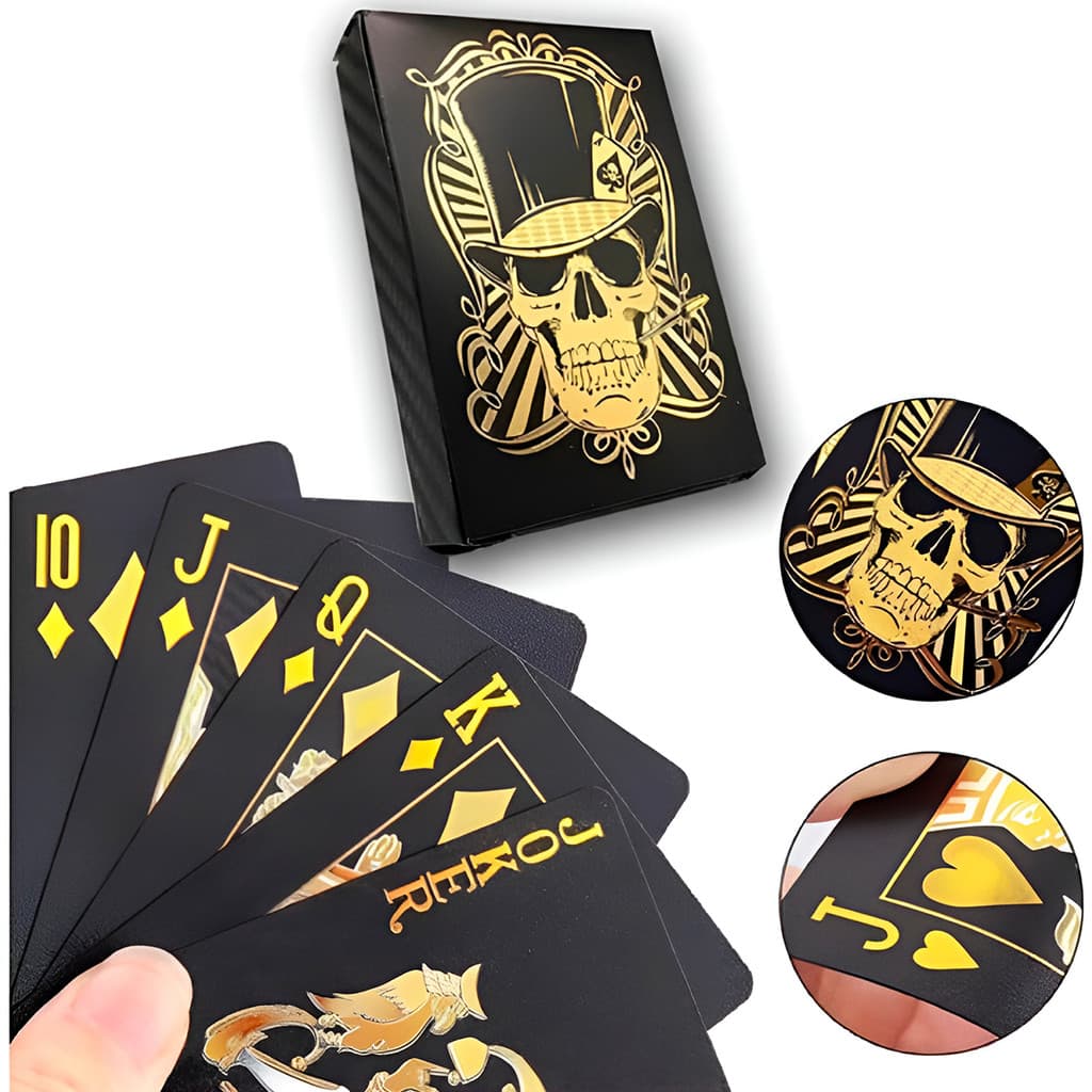 Baralho Preto Caveira Dourada Cartas Resistente à Água