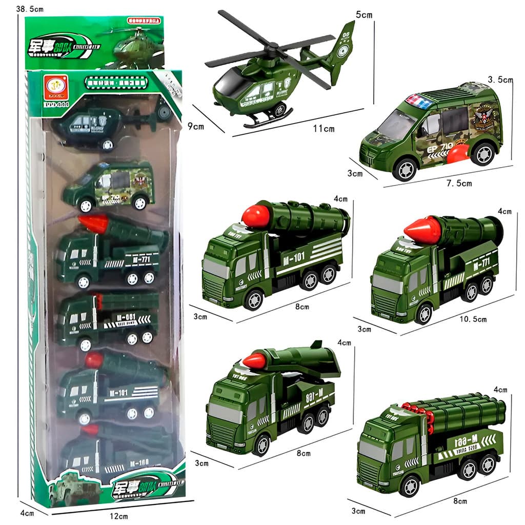 Kit 6 Miniaturas de Carrinhos Infantil – Veículos de Brinquedo Helicóptero, Bombeiro, Militar e Caminhão