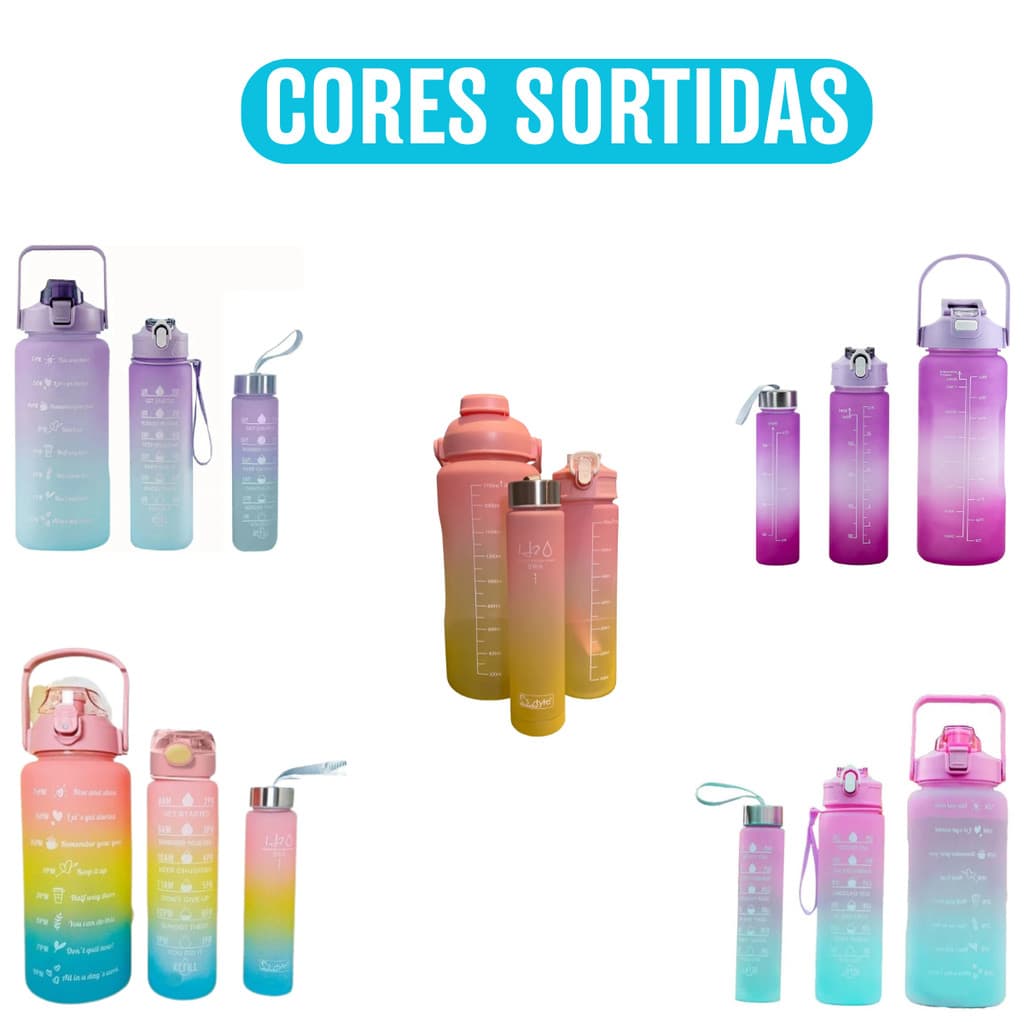 kit com 3 Garrafas femininas Squeeze de Água Frases Motivacionais - Galão 2000ml, 900ml e 300ml -  Cores Sortidas