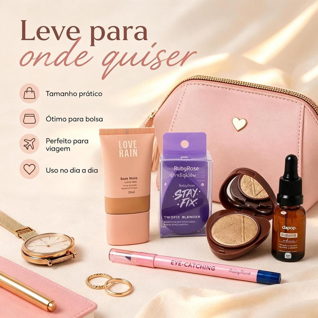 Kit Maquiagem 5 Itens – Base + Esponja + Iluminador + Lápis para Olhos + Sérum – Presente