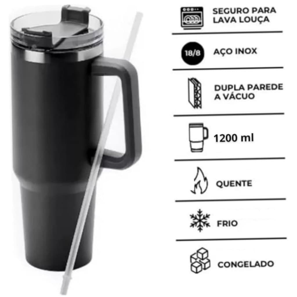 🔥 Copo Térmico Inox 1200ml com Alça e Canudo – Mantém Quente e Gelado por Horas | Cores Sortidas