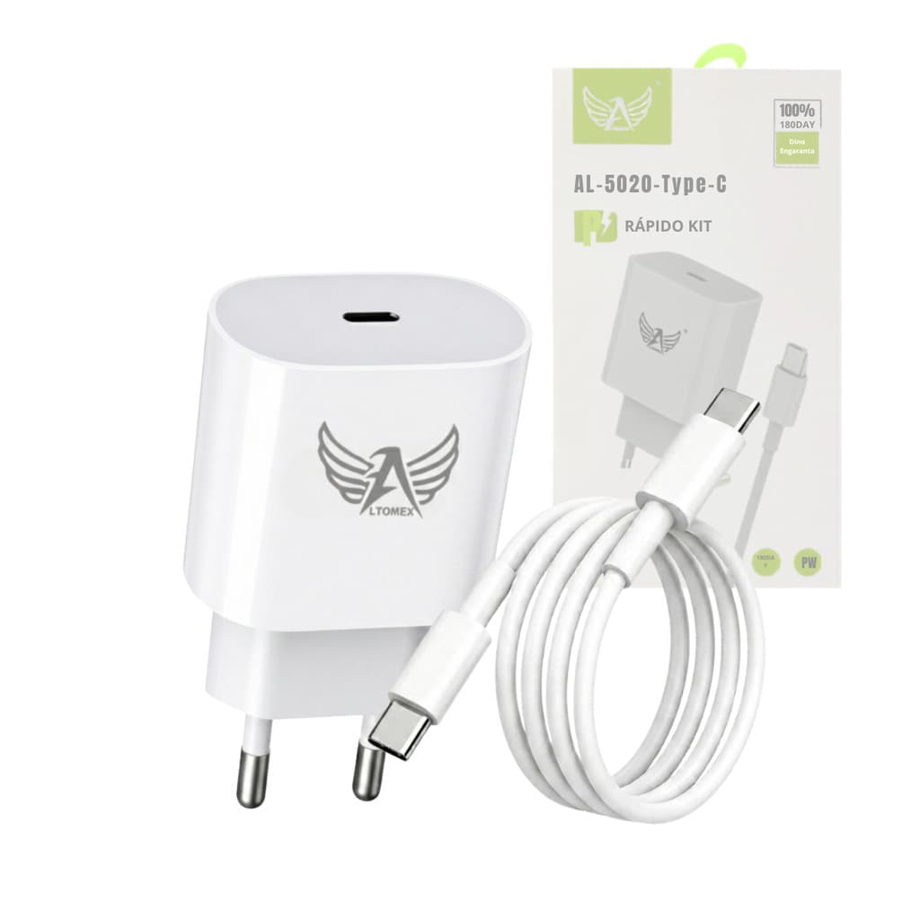Carregador Completo Turbo 20W USB-C com Cabo Tipo-C para Tipo-C Altomex AL-5020-Type-C