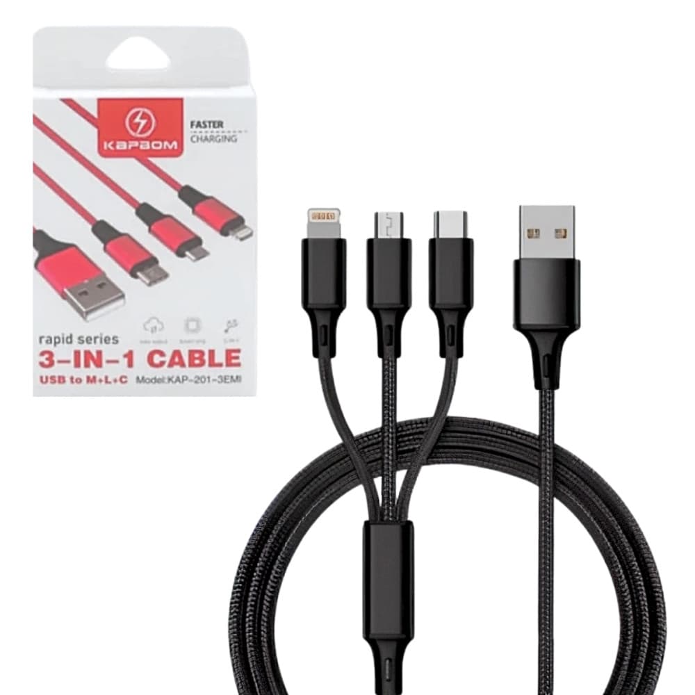 Cabo Carregador 3 in 1 conexão Tipo-C / V8 / Lightning de 1m