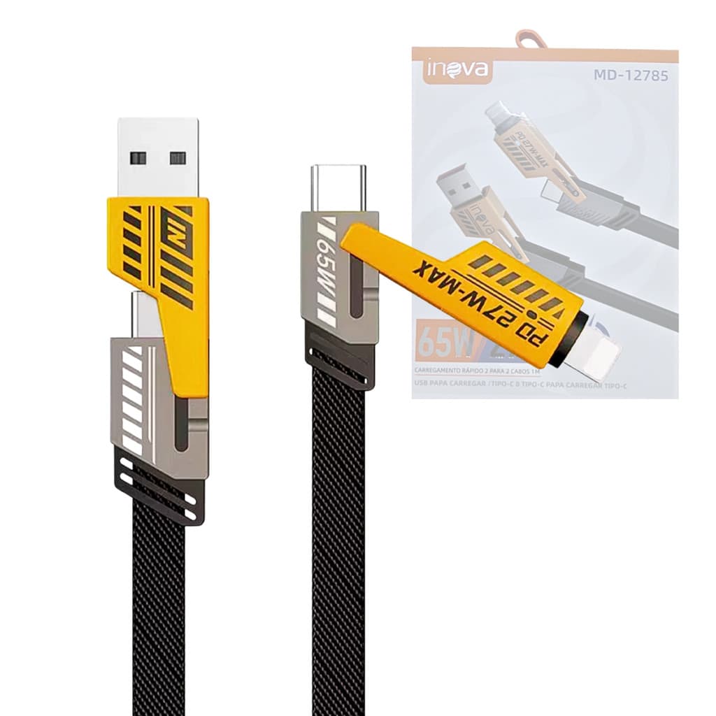 Cabo de dados 4 em 1 (USB/2x TPC/Lightning) PD 27W / 65W /  1 metro INOVA MD-12785