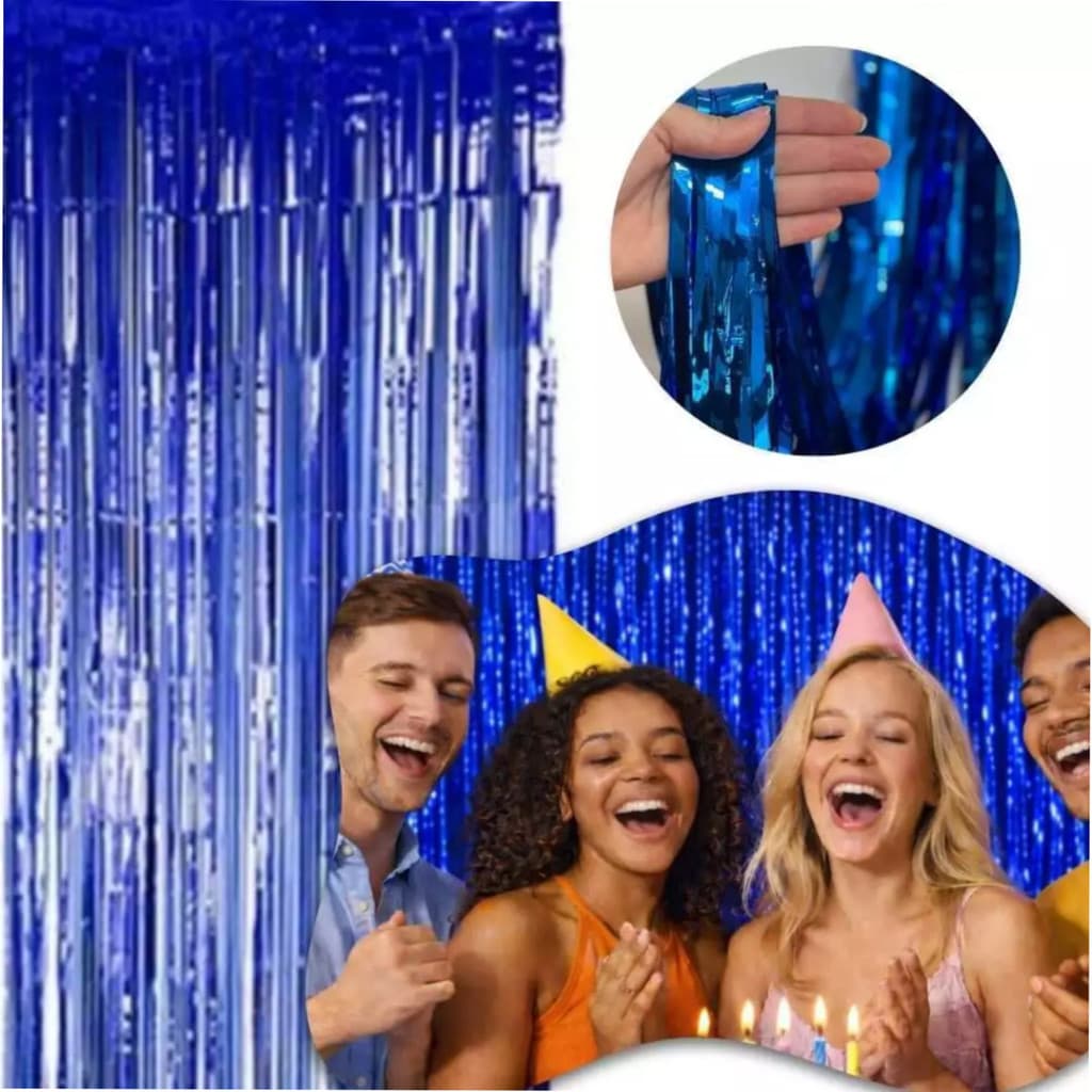 Azul - Cortina Franja Metálica 1x2m Painel Decoração Festa Fundo Fotográfico Cenário