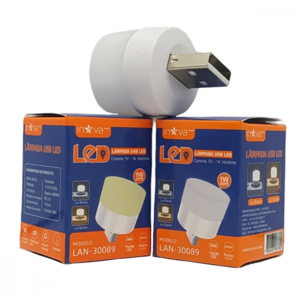 ini Lâmpada Led USB 1W Luz Branca e Quente