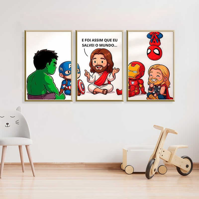 Kit Quadro Decorativo 3 Peças Jesus Nosso Salvador Herói Evangélico Decoração Casa Quarto Sala