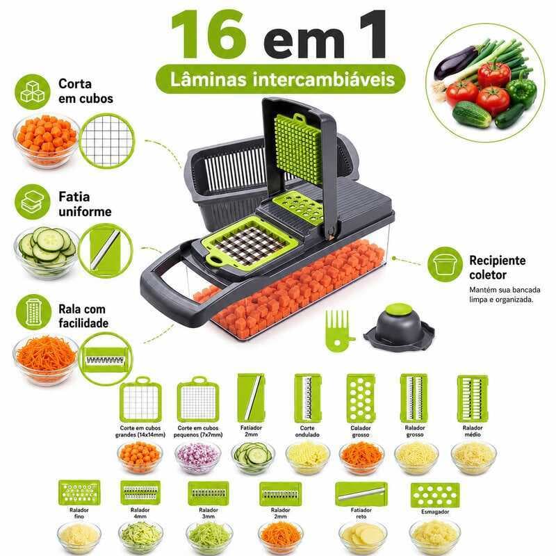 Fatiador De Legumes 16 Em 1 Aço Inox Cortador Ralador Multiuso Para Frutas E Verduras