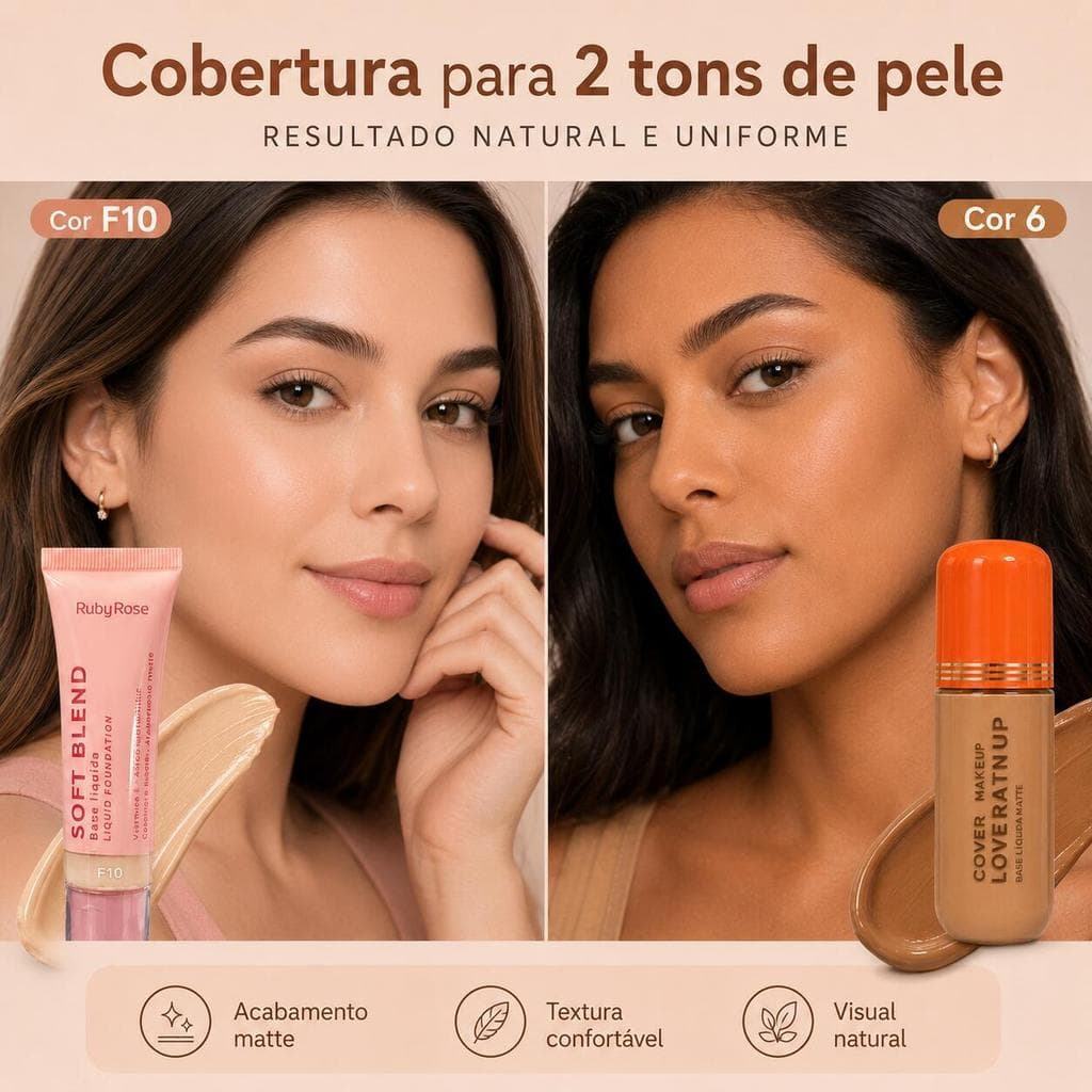 Base Líquida Ruby Rose Soft Blend F10 e Love Rain Cover Up Cor 6 Maquiagem Facial Matte-LR-F2016-6+HBM301-1