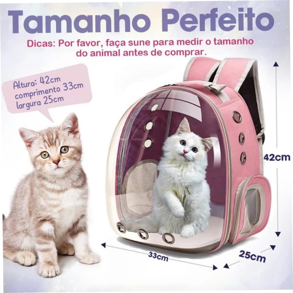 ROSA - Mochila Pet Transporte para Cães e Gatos Visão Ampla com Entrada de Ar