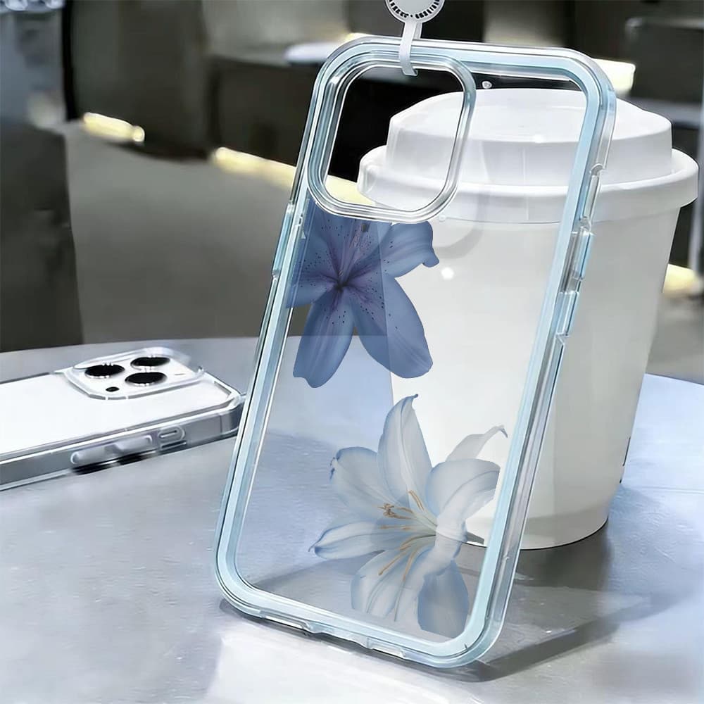 Capinha Capa de Anti-impacto 3 Em 1 Para iPhone 11 12 13 14 15 16 Pro Max Plus Transparente Case Flores azuis Soul
