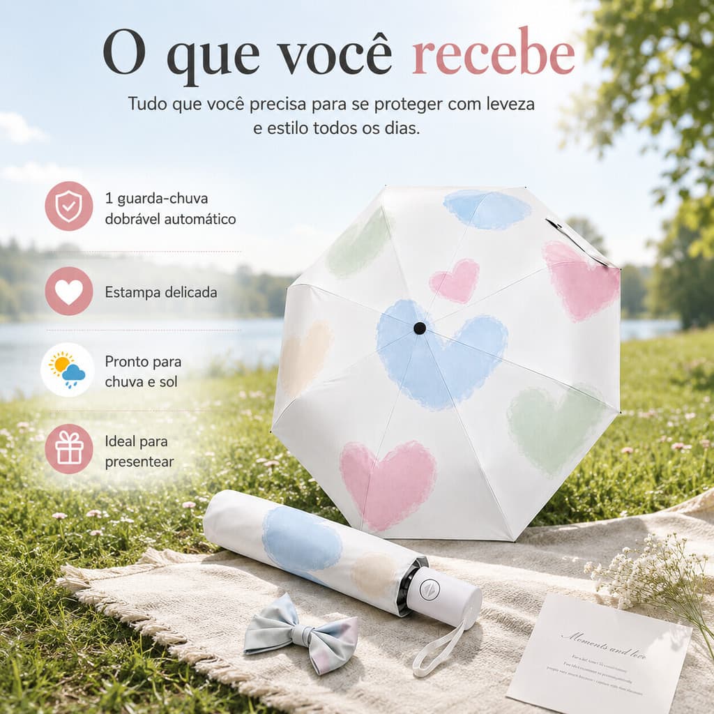 Guarda-Chuva Dobrável Coração – Automático, Leve, Portátil para Mulher, Ideal para Sol e Chuva LEN-1295