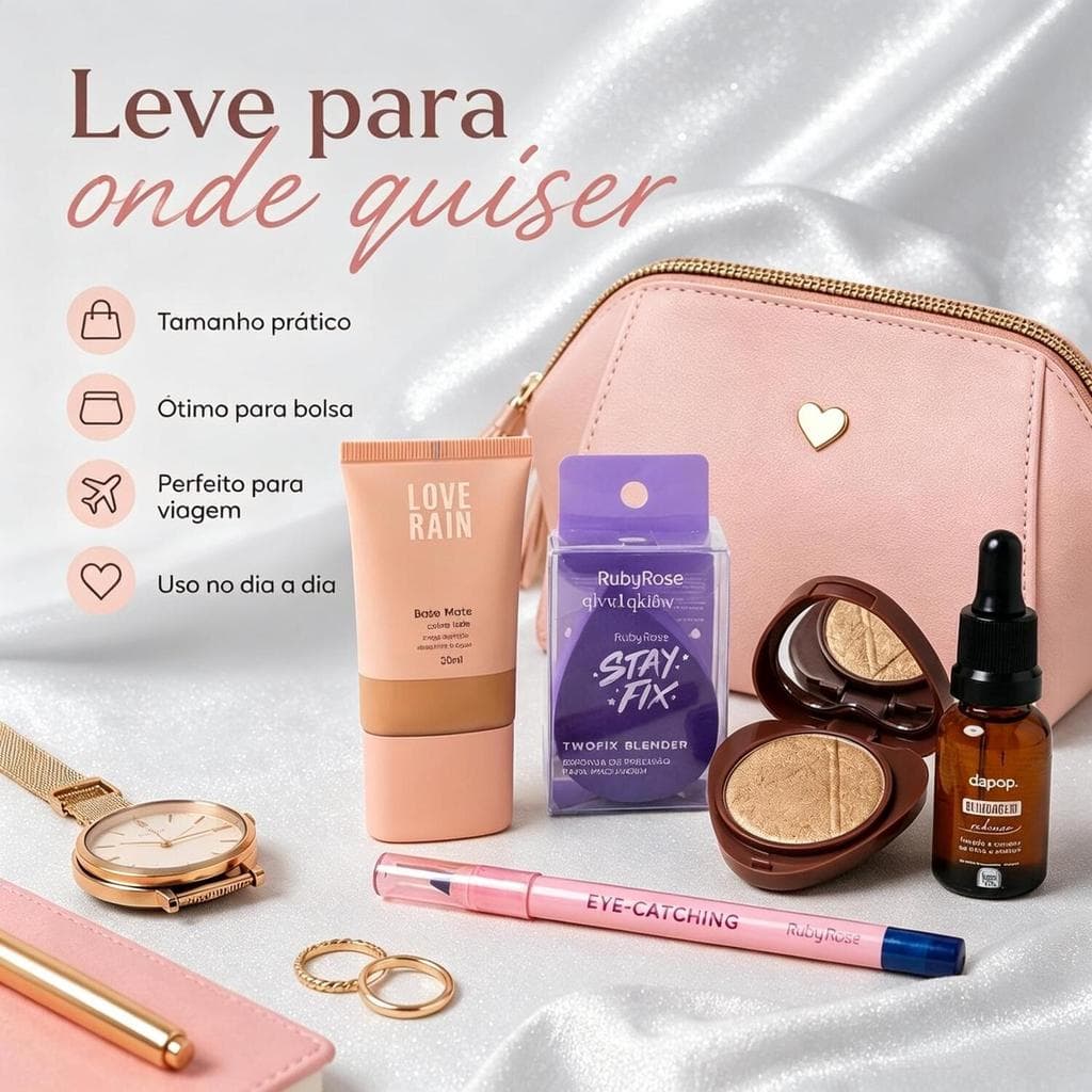 Kit Completo 5 Itens – Base + Esponja + Iluminador + Lápis Olhos + Fixador – Ideal para Presentear