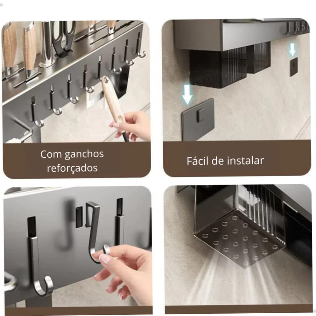 Prateleira Organizadora de Cozinha Multifuncional Metal com Ganchos e Cesto - BM-F1328