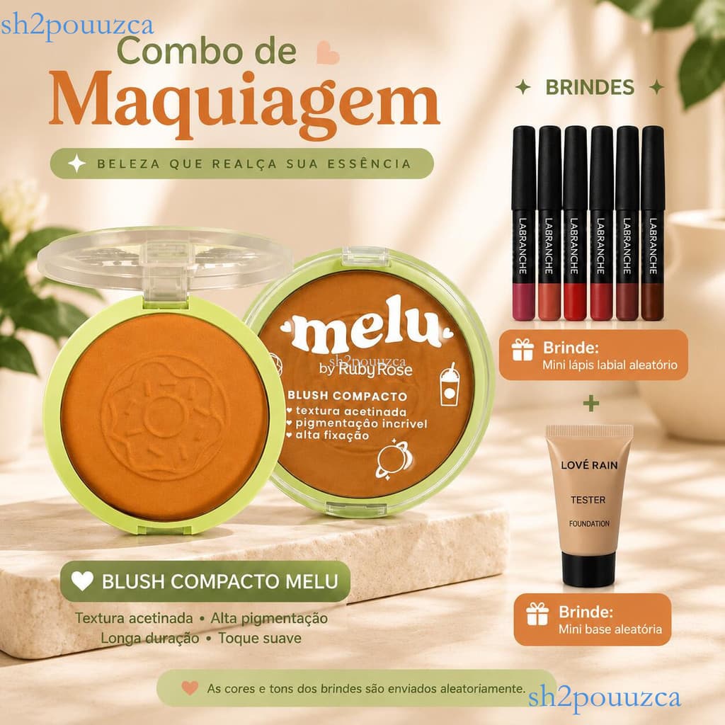 Combo Blush Compacto Melu + Mini Lápis Labial + Mini Base Maquiagem Feminina ✨sh2pouuzca