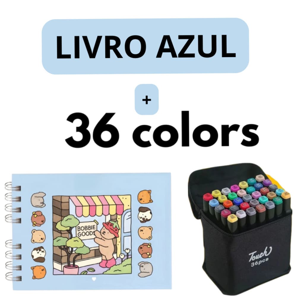 Livro de Colorir Urso Bob Azul com 36 Canetas Kit Infantil Educativo Capa Dura 50 Folhas