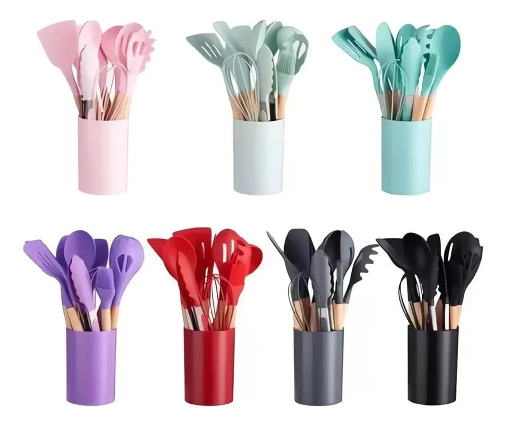 Kit 12 Peças Utensílios de Cozinha em Silicone com Cabo de Madeira