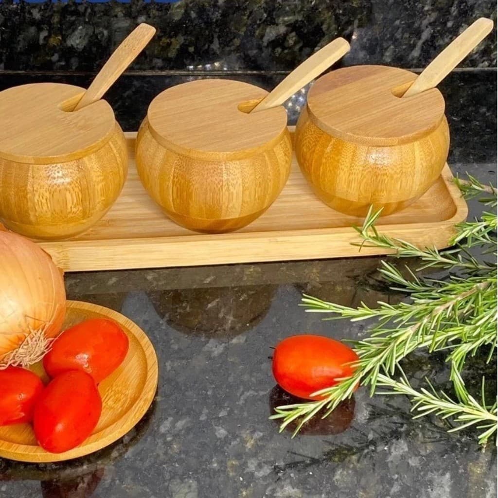 Conjunto Porta Condimentos Temperos de Bambu 3 Potes com Colher Ecológico Cozinha