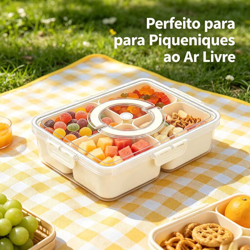 Pote de geladeira em acrílico com quatro compartimentos vedado para marmitas e carnes