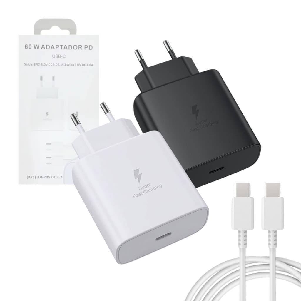 Carregador SUPER RÁPIDO Completo 60W  USB TIPO-C com Cabo Móvel TIPO-C