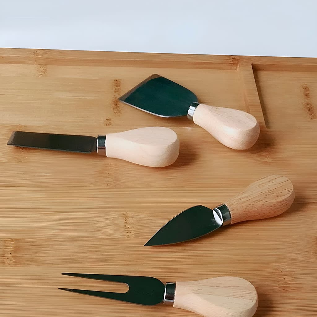Conjunto Tábua De Queijos Petiscos Bambu Com Facas Aço Inox