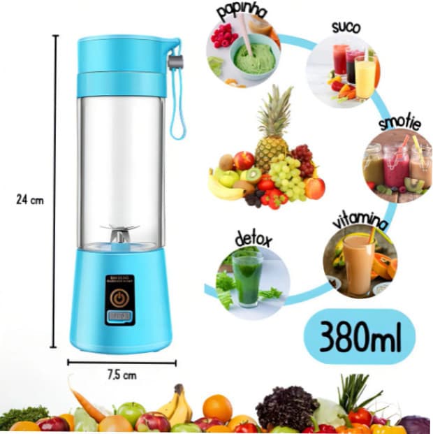 Mini Liquidificador Portátil Recarregável USB 380ml com 4 Lâminas – Mixer para Shakes, Sucos e Smoothies | Cores Sortida