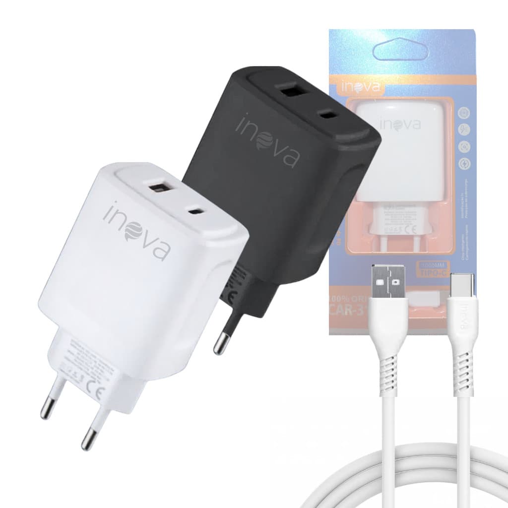 Carregador Completo 40W USB / TIPO-C Cabo TIPO-C de 1 Metro INOVA CAR-3186C