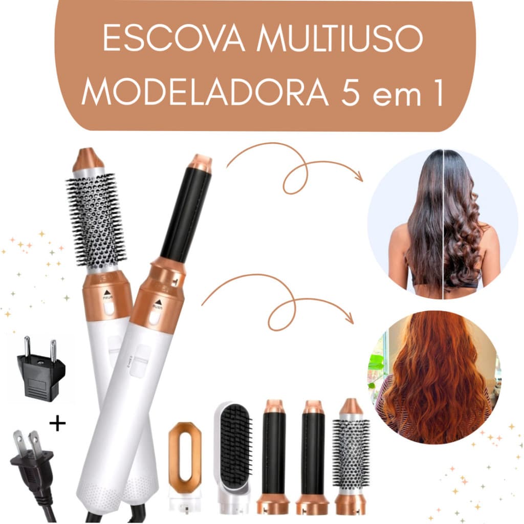 Escova modeladora  e alisadora de cabelo PREMIUM Branca c/ Dourada 5 em 1 Multiuso 110V - Seca, Modela, Alisa e Penteia