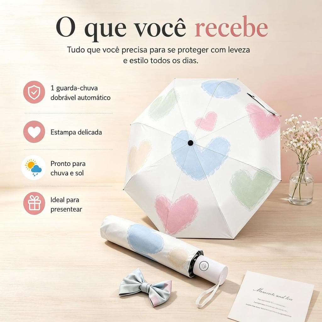 Guarda-Chuva Automático Coração – Compacto, Portátil, Ideal para Sol e Chuva no Dia a Dia LEN-1295
