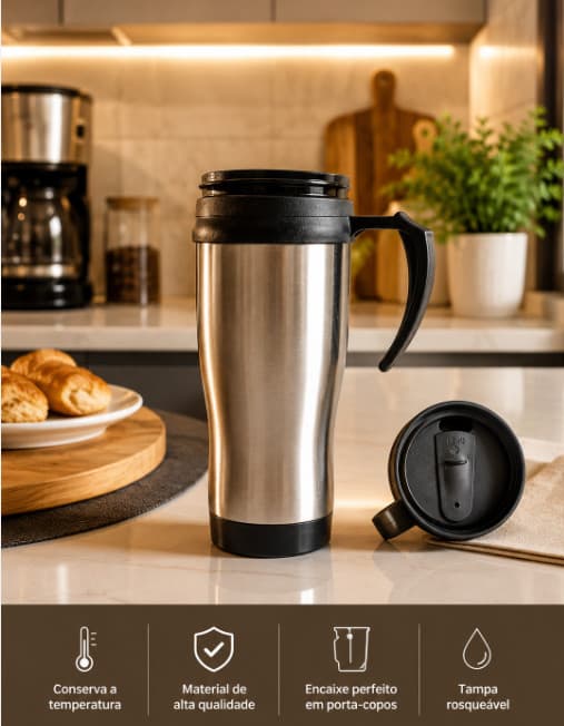 Caneca Termica Para Viagem Aco Inox Duplo 450 ml Com Tampa