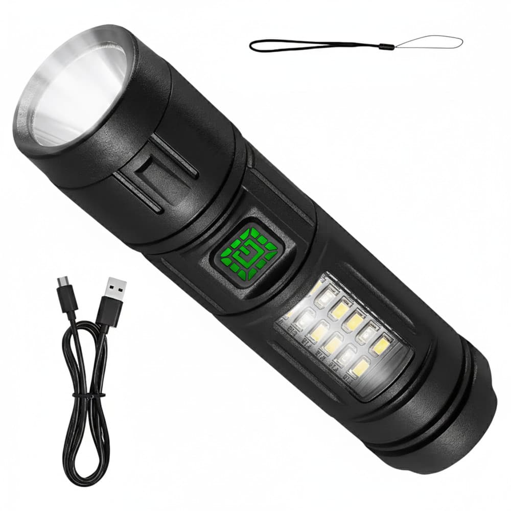 Lanterna LED Recarregável USB Potente com Luz Lateral Branca e Vermelha, Multifuncional para Camping Trilha Pesca