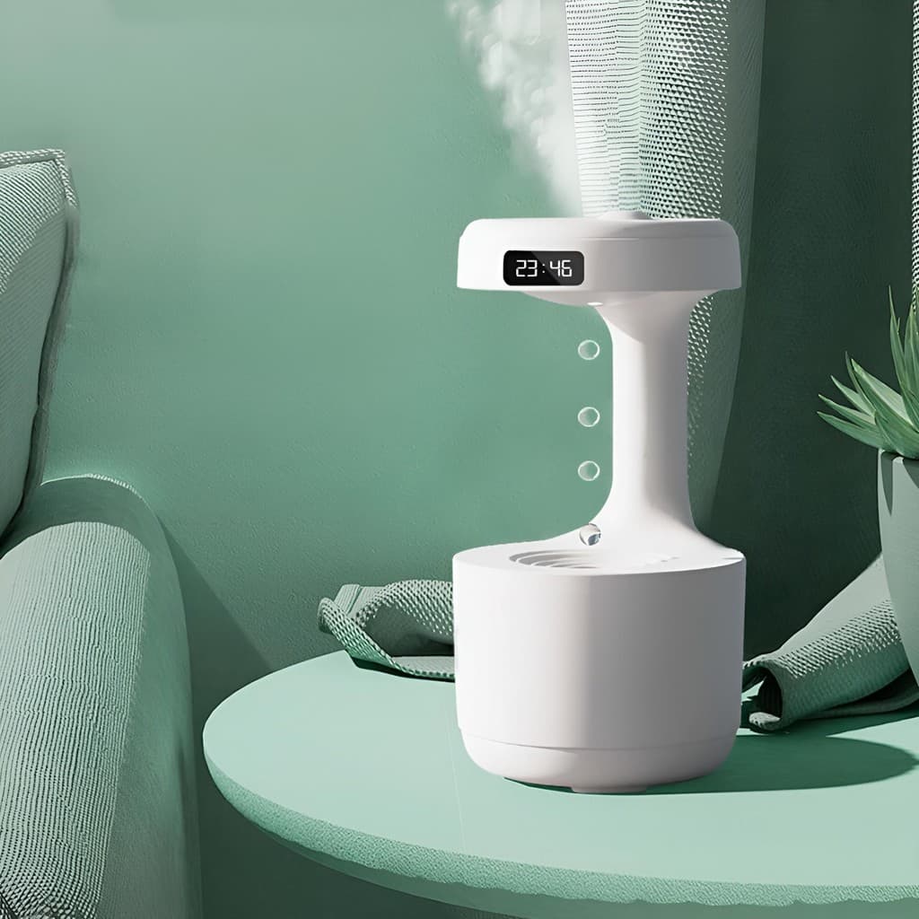 Umidificador De Mesa Gotas De Água Gravidade Com Relógio LED E Aromaterapia