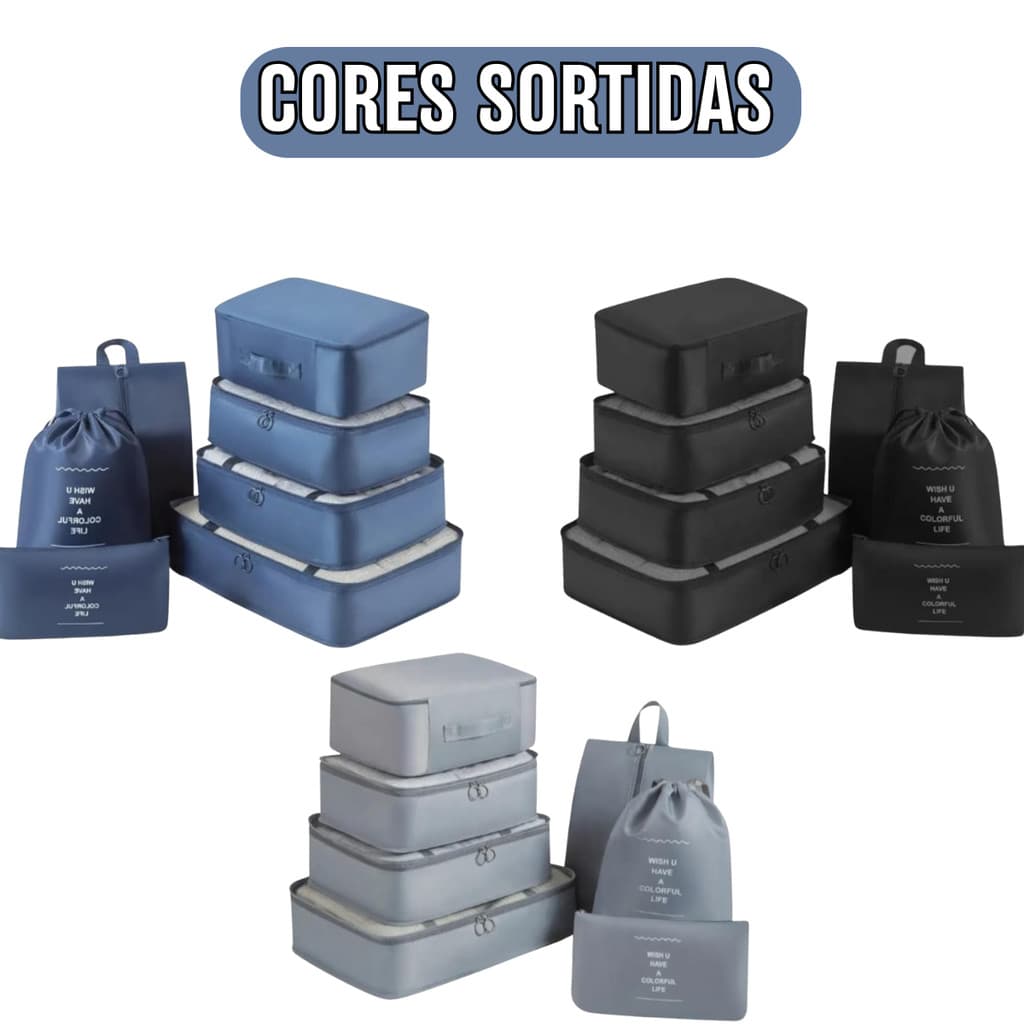 Preto,Azul ou Cinza - Organizador de Mala para Viagens 7 Peças - BM-F1068
