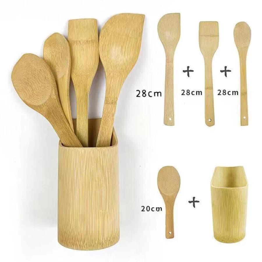 Kit Utensílios de Cozinha Bambu 5 Peças com Suporte Organizador Sustentável