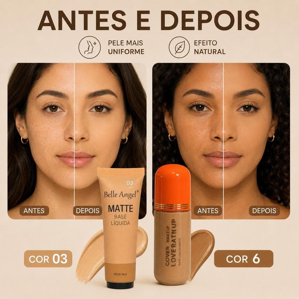 Kit 2 Bases Líquidas Matte Love Rain Cover Up Cor 6 + Belle Angel Cor 03 Maquiagem Facial-LR-F2016-6+B110-203