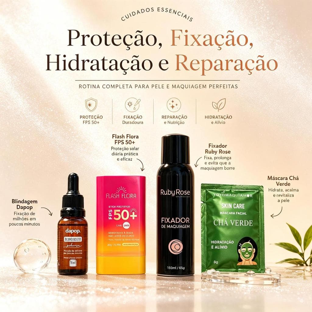 Kit Pele Protegida: Protetor FPS 50+, Blindagem, Fixador e Máscara Chá Verde – Cuidado Diário