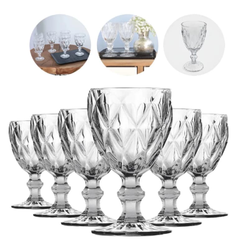 Jogo 4 Taças Diamante Vidro 330ml Copo Diamond Moderno Luxo Transparente Butter Cream Diamante Lapidado