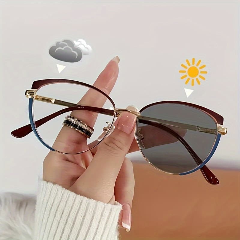 Óculos que mudam de cor, armação de metal, estilo olho de gato, lentes transparentes, óculos para uso externo, sem caixa